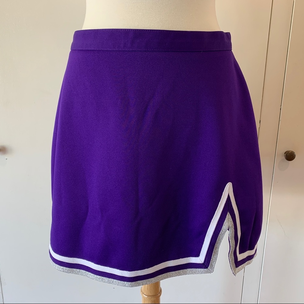 Large Varsity purple cheer skirt with silver and white trim